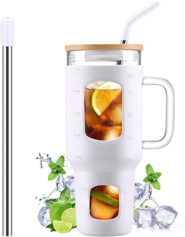 Limited time deal-50% Glass Tumbler with Straw and Lid, 40 oz Glass Cup with Handle, Glass