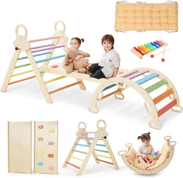 Limited time deal-50% Pikler Triangle Set for kids, 8 in 1 Colorful Montessori Large Climbing