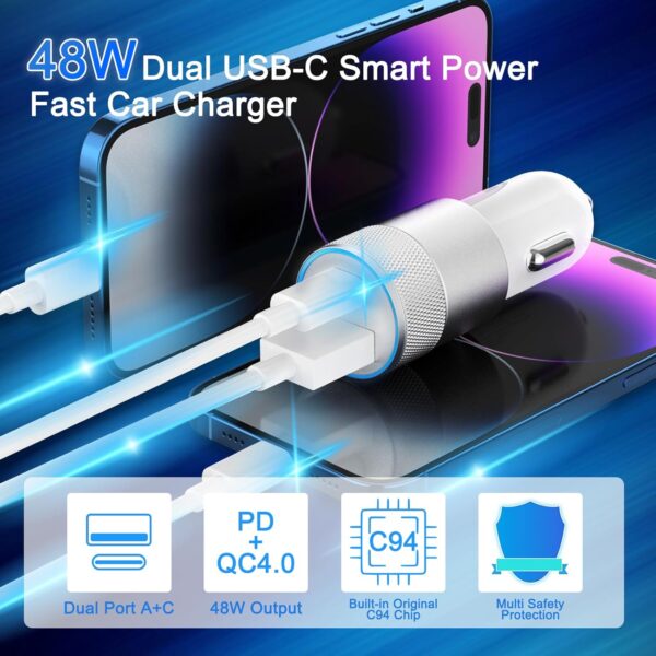 Limited time deal-53% Fast Car Charger and Carplay Cable, 48W Dual Port USB A and USB - Image 2