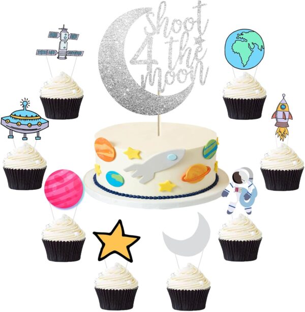 Limited time deal-50%25 Pcs Shoot 4 the Moon Cake Topper Outer Space 4th Bday Cupcak