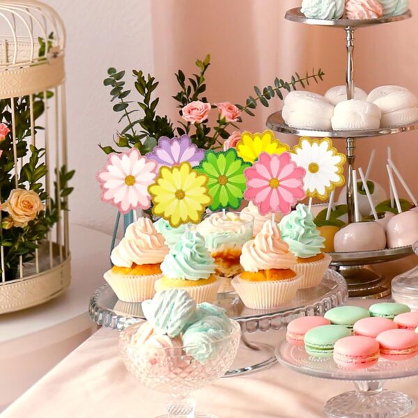 Limited time deal-50%48pcs Flower Cupcake Toppers Daisy Flowers Glitter Summer Cake - Image 2