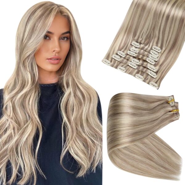 Limited time deal-49% Full Shine Hair Extensions Real Human Hair Clip ins Blonde Highlight