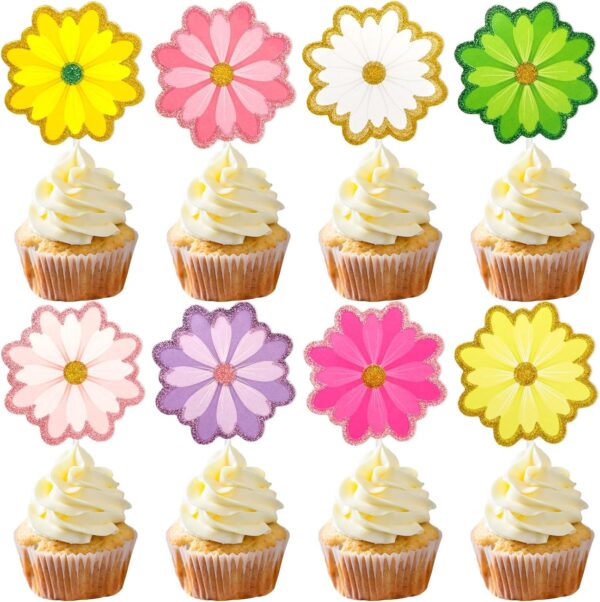 Limited time deal-50%48pcs Flower Cupcake Toppers Daisy Flowers Glitter Summer Cake - Image 4