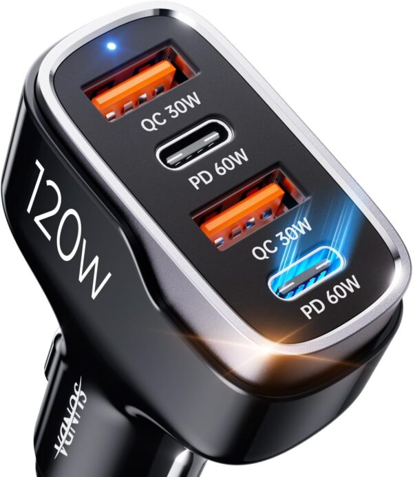 Big Spring Deal-50% SUNDA 120W USB C Fast Car Charger, 4-Ports Car Charger Adapter, Dual Type C