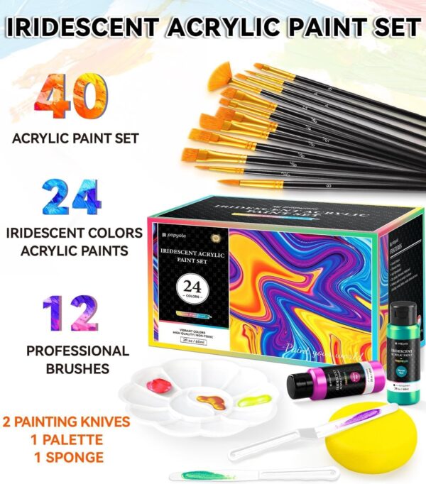 Limited time deal-50% 40 PCS Iridescent Acrylic Paint Set with 12 Brushes, 2 Knives, Palette - Image 4