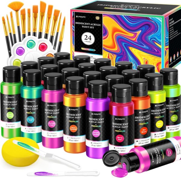 Limited time deal-50% 40 PCS Iridescent Acrylic Paint Set with 12 Brushes, 2 Knives, Palette