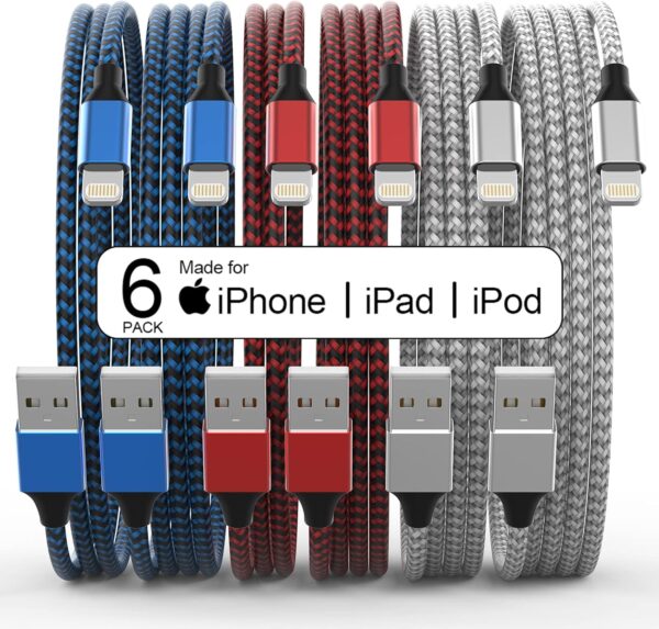 Limited time deal-44% [Apple MFi Certified] 6Pack 3/3/6/6/6/10 FT iPhone Charger Nylon