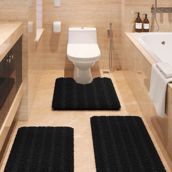 Limited time deal-42% off ACCUMTEK Striped Black Bathroom Rug Set 3 Pieces Ultra Soft, Non Slip Ch