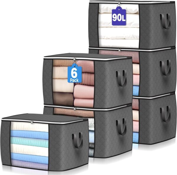 Limited time deal-43% off 90 L Large Storage Bags, 6 Pack Clothes Storage Bins Foldable Closet Organi